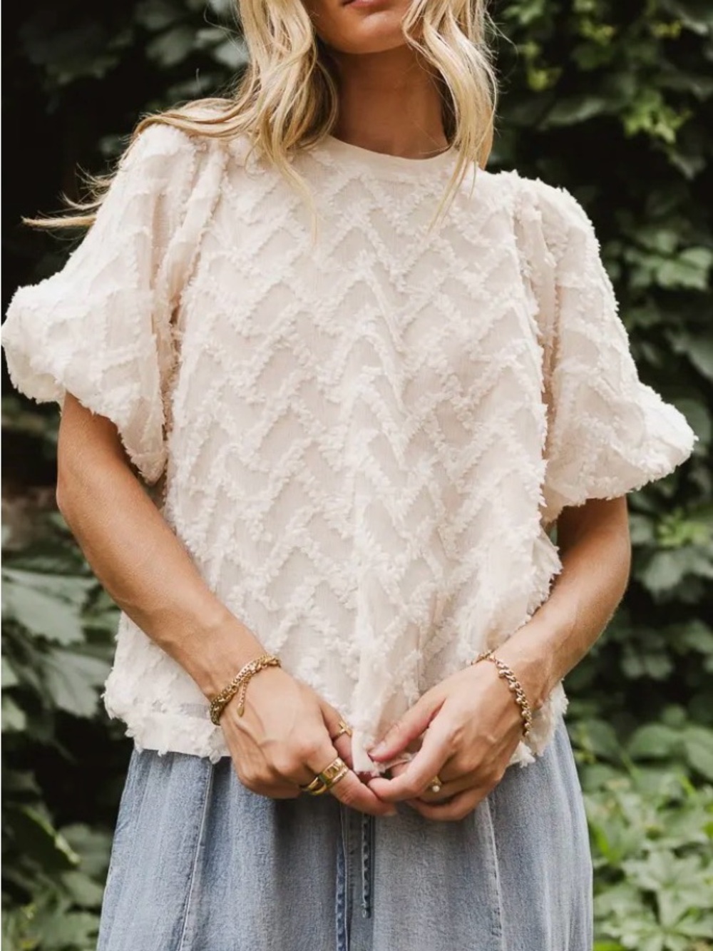 Bohme Juliet Textured Puff Sleeve Top in Cream